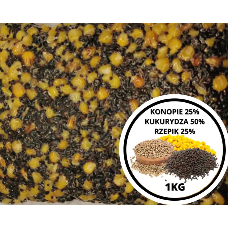 Ziarna KONOPIE 25% + KUKURYDZA 50% + RZEPIK 25% 1kg | SazanBaits.pl - Profesjonalne przynęty karpiowe