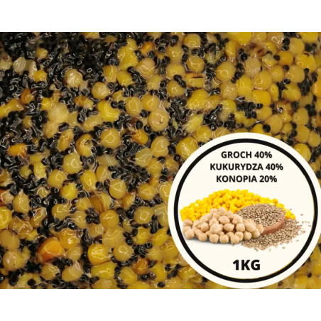 Ziarna GROCH 40% + KUKURYDZA 40% + KONOPIA 20% 1kg | SazanBaits.pl - Profesjonalne przynęty karpiowe