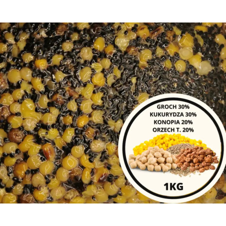 Ziarna GROCH 30% + KUKURYDZA 30% + KONOPIA 20% 1kg | SazanBaits.pl - Profesjonalne przynęty karpiowe
